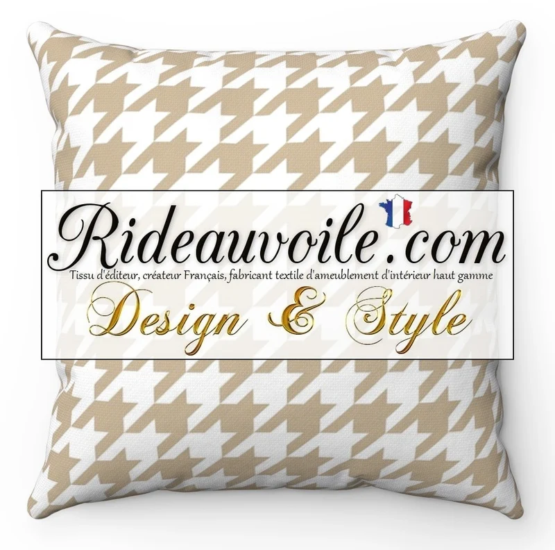 Tissu ameublement imprimé motif pied de poule beige mètre rideau voilage canapé