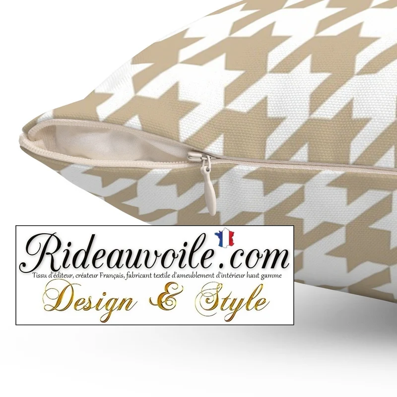 Tissu ameublement imprimé motif pied de poule beige mètre rideau voilage canapé
