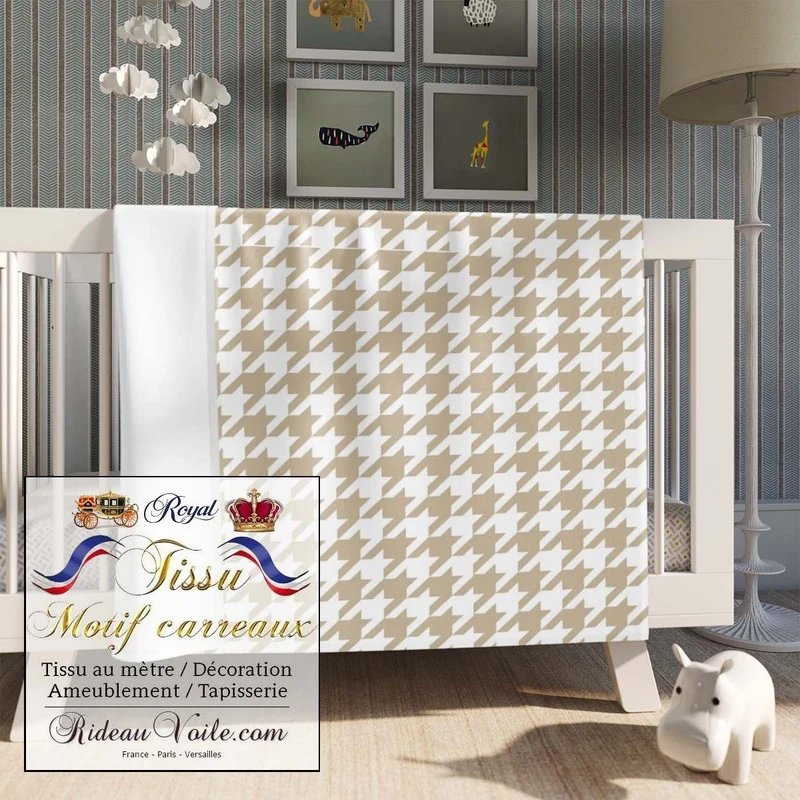 Tissu ameublement imprimé motif pied de poule beige mètre rideau voilage canapé