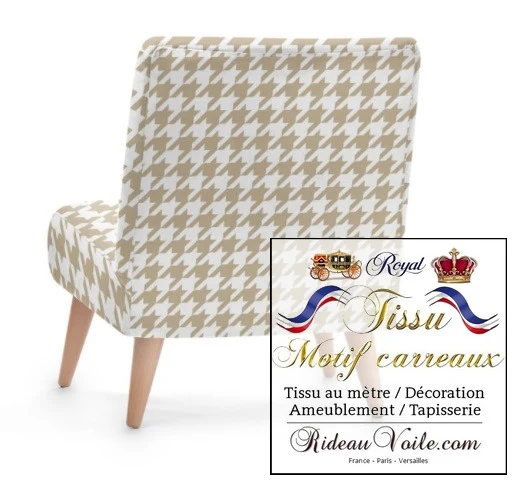 Tissu ameublement imprimé motif pied de poule beige mètre rideau voilage canapé
