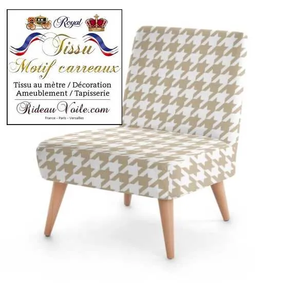Tissu ameublement imprimé motif pied de poule beige mètre rideau voilage canapé
