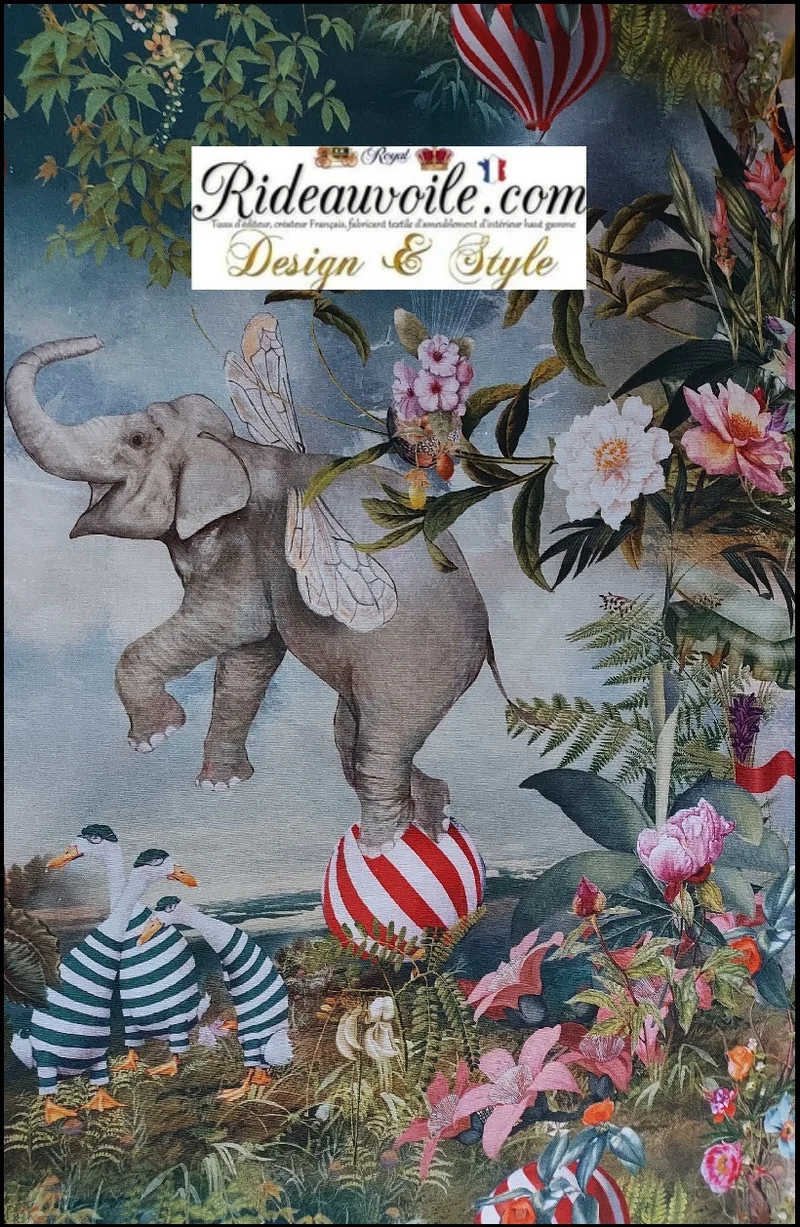 Tissu ameublement coton bachette imprimé montgolfières motif ballon mètre rideau