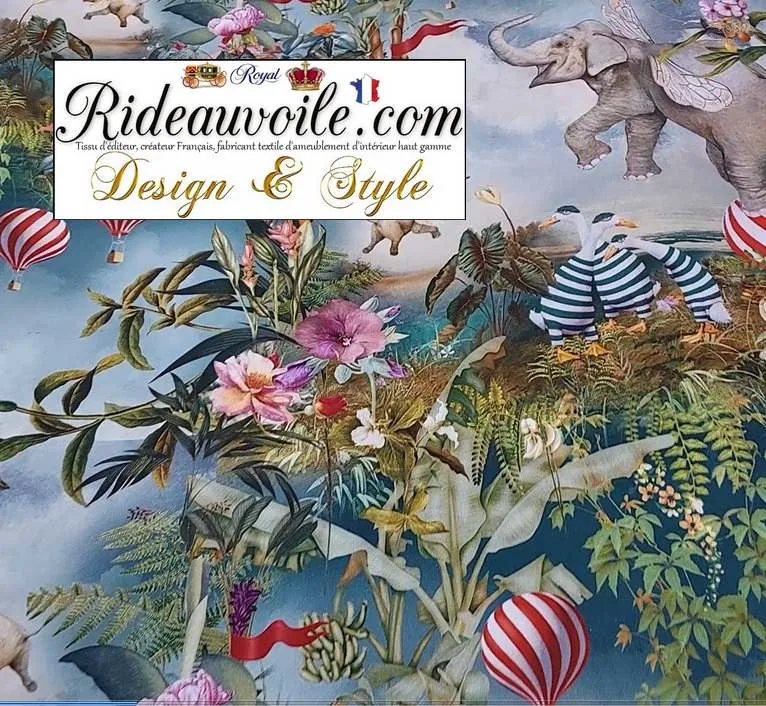 Tissu ameublement coton bachette imprimé montgolfières motif ballon mètre rideau