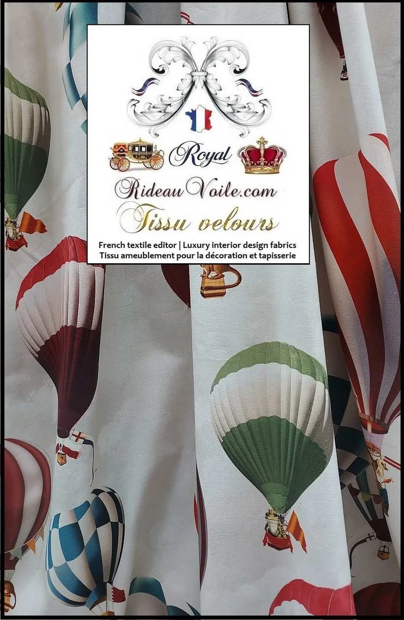 Tissu ameublement velours écru imprimé montgolfières motifs ballons mètre rideau