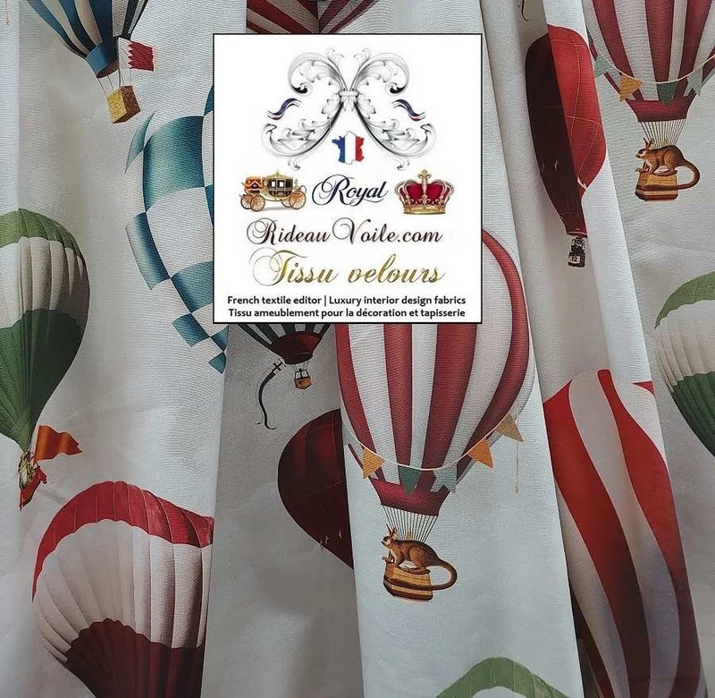 Tissu ameublement velours écru imprimé montgolfières motifs ballons mètre rideau