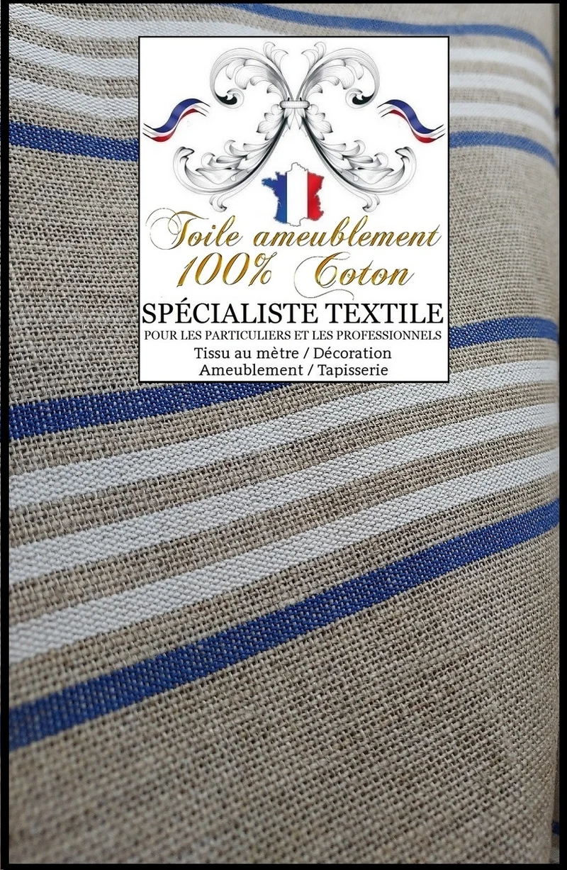Toile Lin tapissier à matelas rayures bisonne coutil à lignes rayés blanc bleu écru mètre
