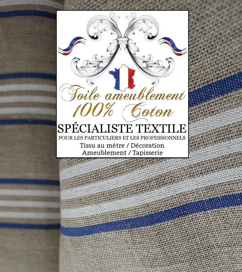 Toile Lin tapissier à matelas rayures bisonne coutil à lignes rayés blanc bleu écru mètre