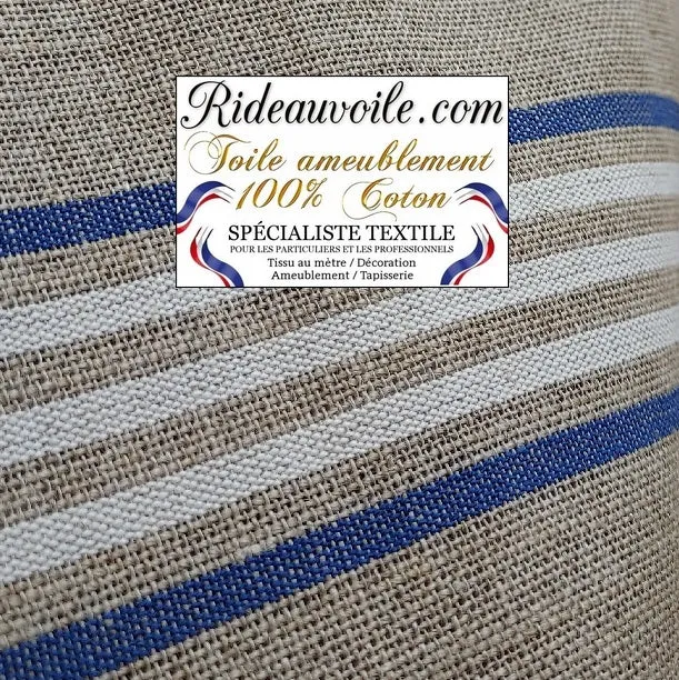 Toile Lin tapissier à matelas rayures bisonne coutil à lignes rayés blanc bleu écru mètre