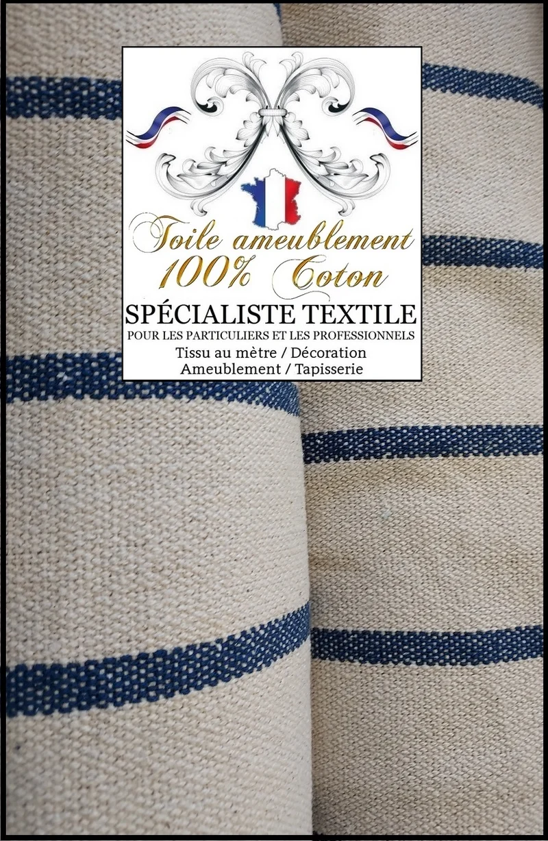 Toile coton tapissier à matelas rayures bleu écru bisonne coutil à lignes mètre rideau