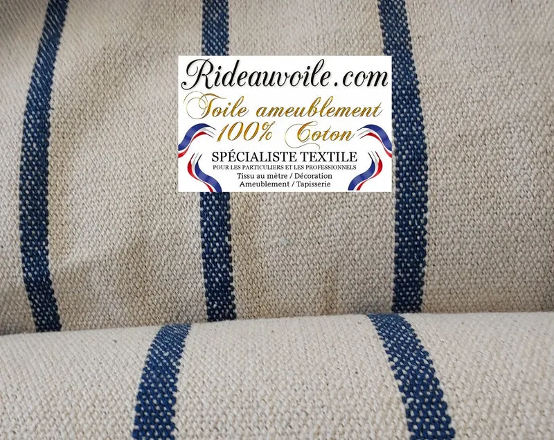 Toile coton tapissier à matelas rayures bleu écru bisonne coutil à lignes mètre rideau