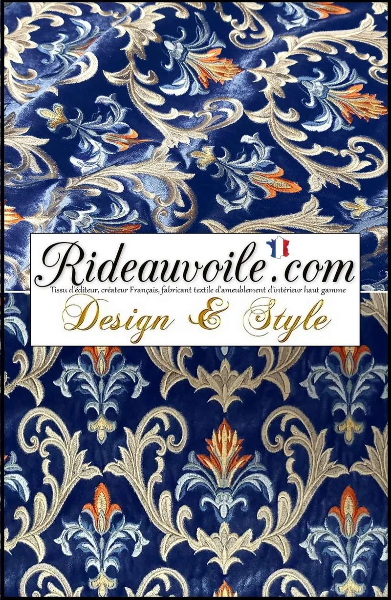 Jacquard tissu éditeur fabricant ameublement velours bleu brodé orange mètre