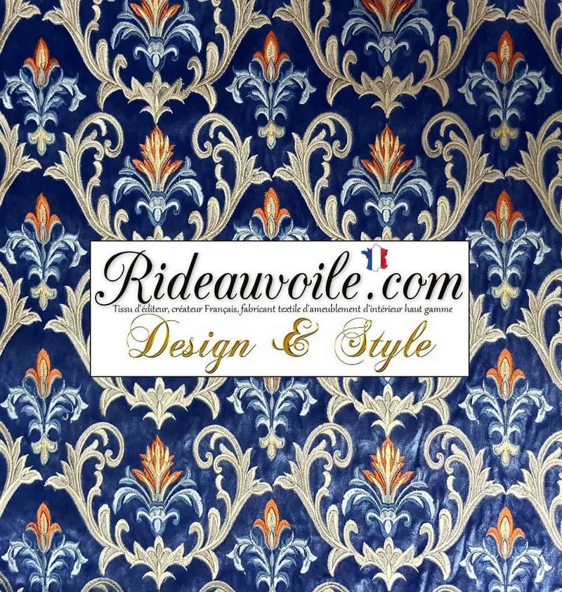 Jacquard tissu éditeur fabricant ameublement velours bleu brodé orange mètre