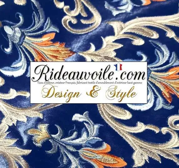 Jacquard tissu éditeur fabricant ameublement velours bleu brodé orange mètre