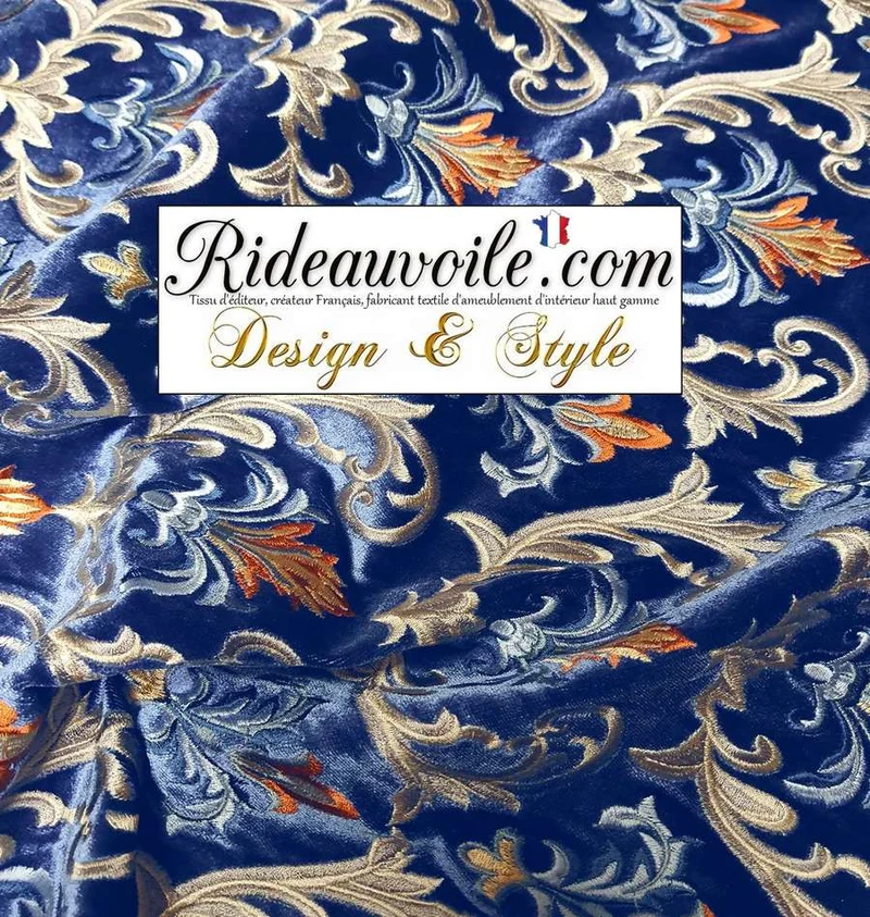 Jacquard tissu éditeur fabricant ameublement velours bleu brodé orange mètre