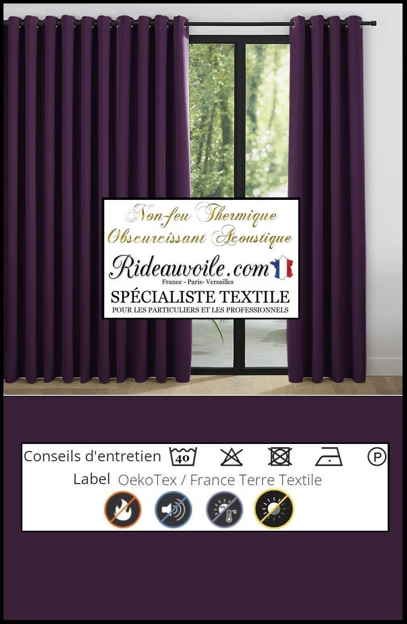 Tissu ameublement occultant ignifugé Prune thermique phonique mètre 290cm