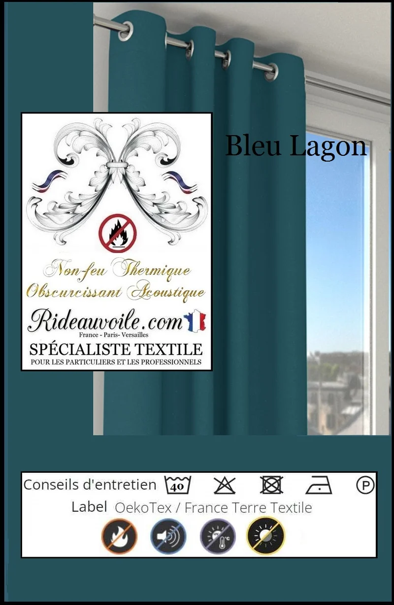 Occultant ignifugé tissu bleu vert isolant thermique phonique rideau 150cm