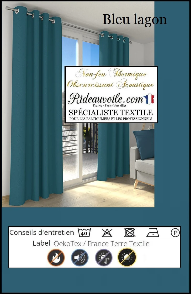 Tissu ameublement bleu vert ignifugé isolant thermique phonique rideau mètre 290cm