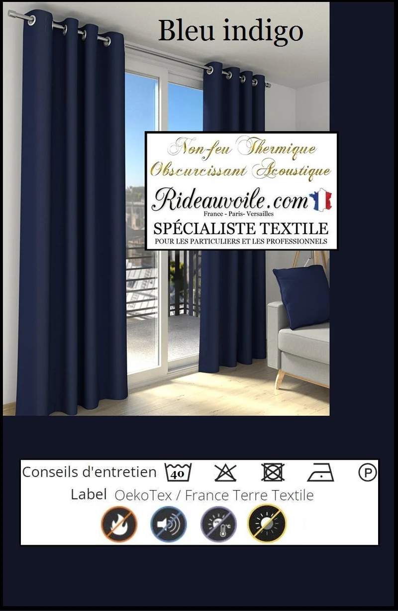 Tissu bleu indigo ignifugé isolant thermique phonique acoustique SATIN MAT mètre 290cm