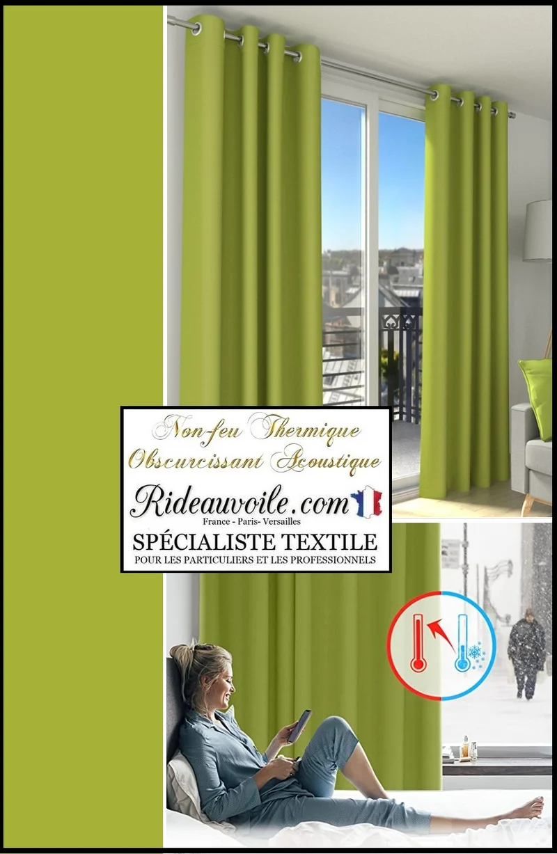 Occultant rideau vert tilleul mousse tissu isolant thermique phonique acoustique 150cm