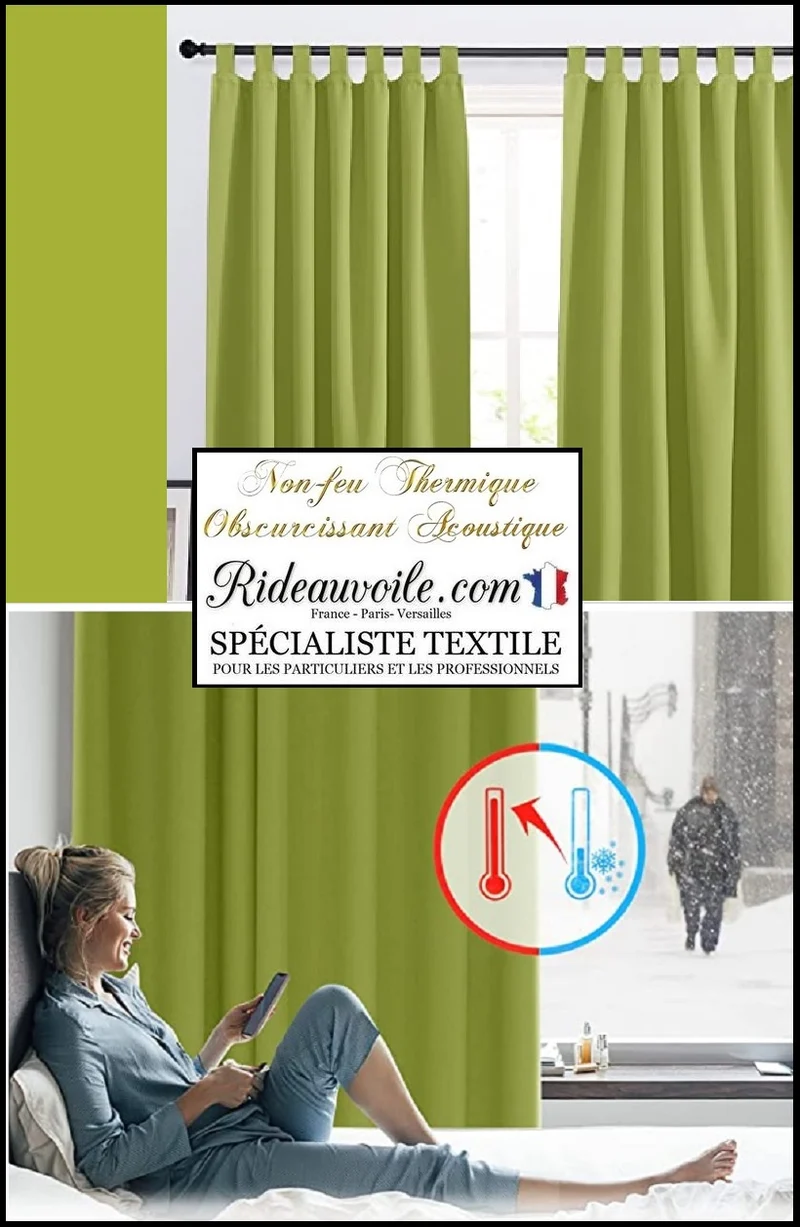Tissu ameublement SATINMAT occultant vert tilleul isolant thermique acoustique M1