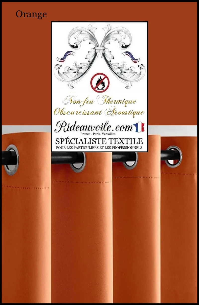 Rideau tissu occultant isolant thermique phonique acoustique orange 150cm