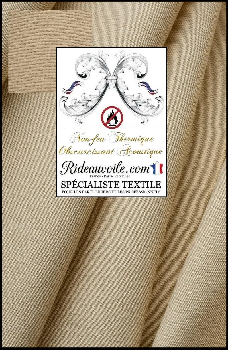 Tissu beige ignifugé non feu isolant thermique phonique acoustique mètre rideau