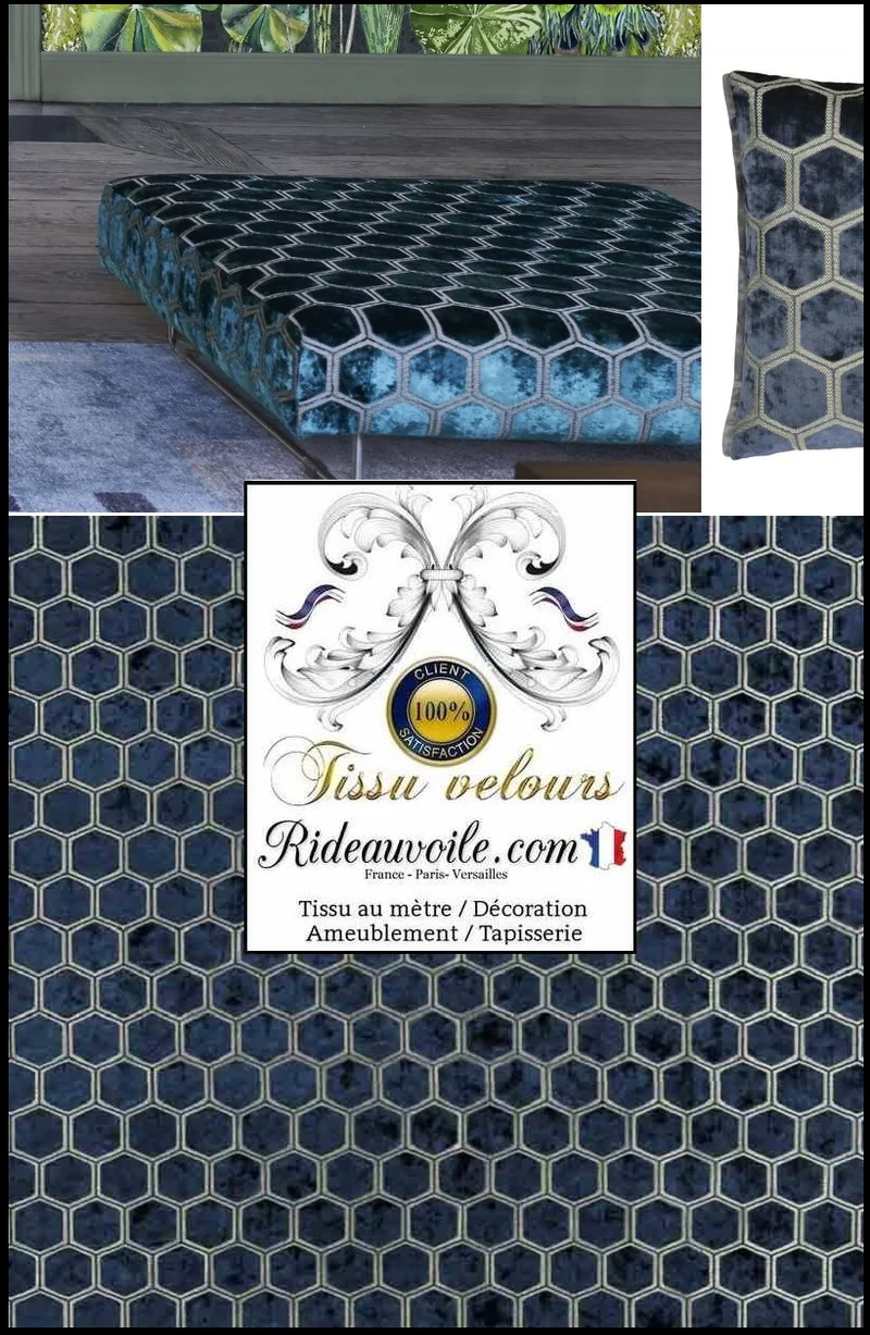 Ameublement velours Bleu nuit motif brodé tissu au mètre rideau canapé murale