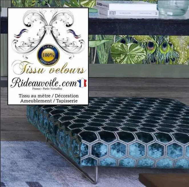 Ameublement velours Bleu nuit motif brodé tissu au mètre rideau canapé murale