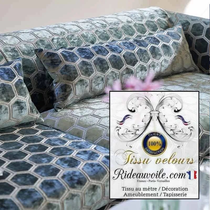 Ameublement velours Bleu nuit motif brodé tissu au mètre rideau canapé murale