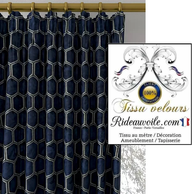 Ameublement velours Bleu nuit motif brodé tissu au mètre rideau canapé murale