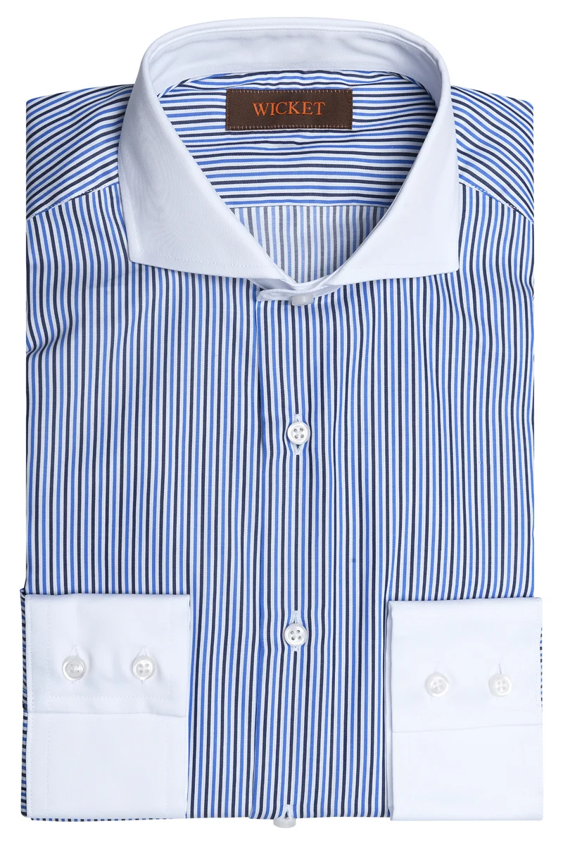 La Twill de Coton à Rayures Blanche, Bleu & Noir à Col Blanc