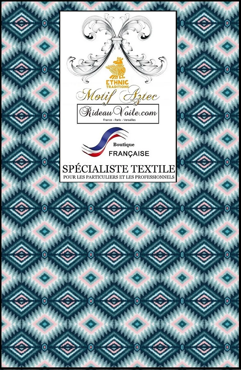 Kilim bleu Maya intérieur tissu ameublement motif Aztèques mètre rideau voilage