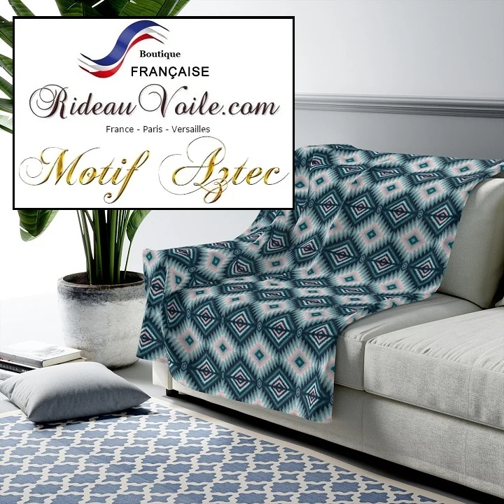 Kilim bleu Maya intérieur tissu ameublement motif Aztèques mètre rideau voilage