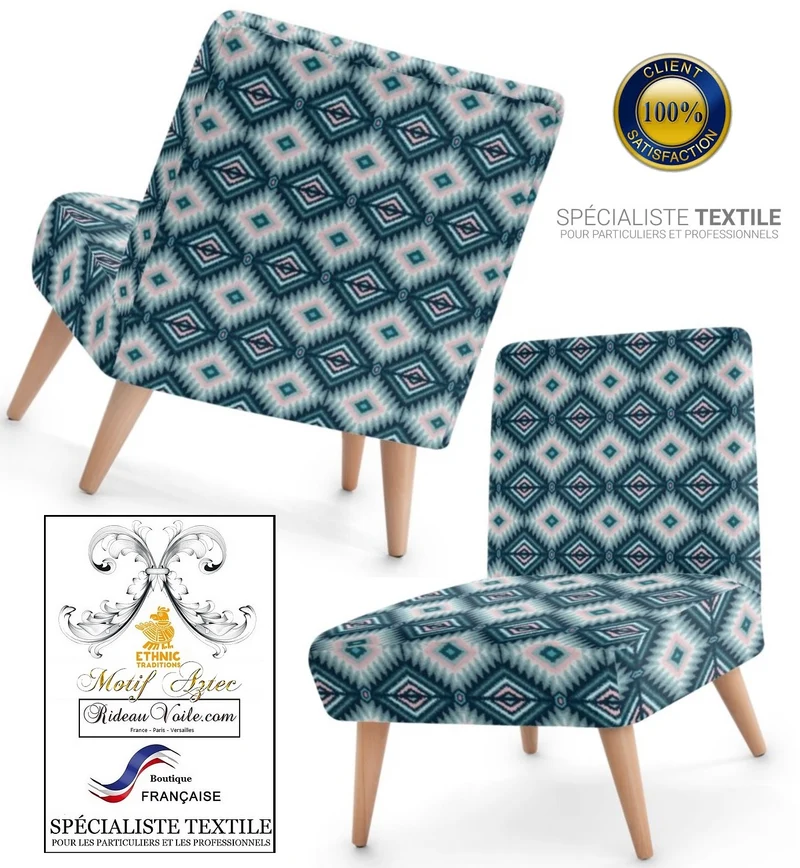 Kilim bleu Maya intérieur tissu ameublement motif Aztèques mètre rideau voilage