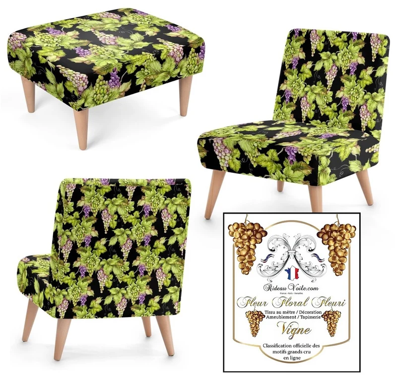 Tissu Motif oenologie feuille vigne grappe de raisins imprimé ameublement au mètre