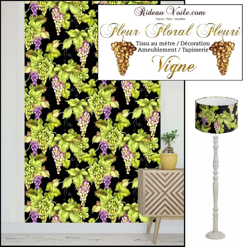 Tissu Motif oenologie feuille vigne grappe de raisins imprimé ameublement au mètre