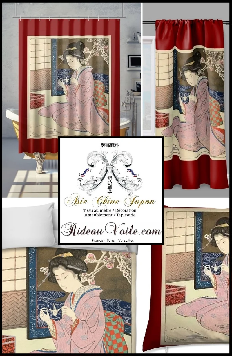 Tissu japonais imprimé asiatique ameublement au mètre motif Geisha papier Origami