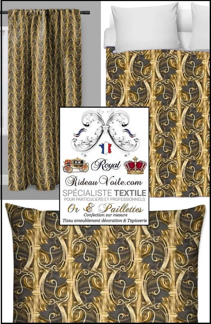 Tissu ameublement au mètre imprimé métal Or fer forgé tapisserie Baroque rideau