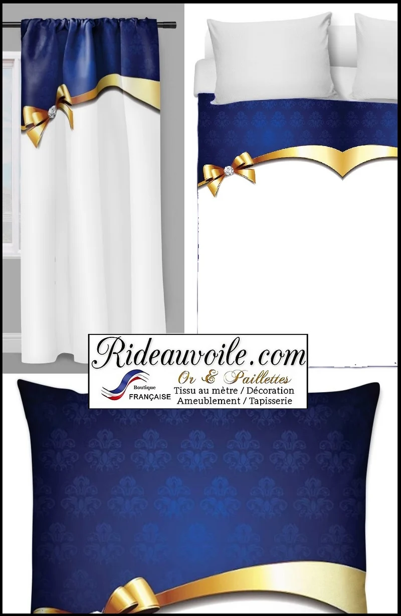 Tissu bleu ameublement au mètre imprimé métal Or motif nœud diamant rideau