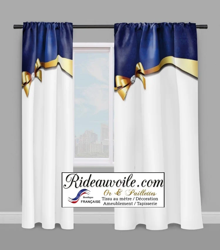 Tissu bleu ameublement au mètre imprimé métal Or motif nœud diamant rideau