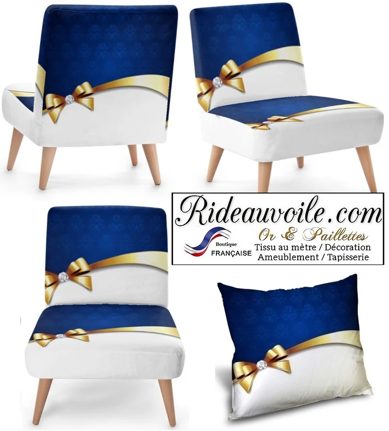Tissu bleu ameublement au mètre imprimé métal Or motif nœud diamant rideau