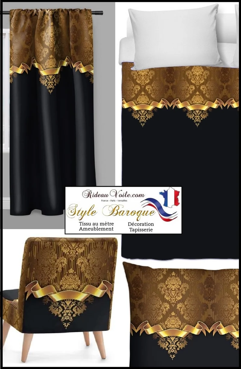 Tissu motif Baroque ameublement au mètre imprimé Or doré noir rideau couette