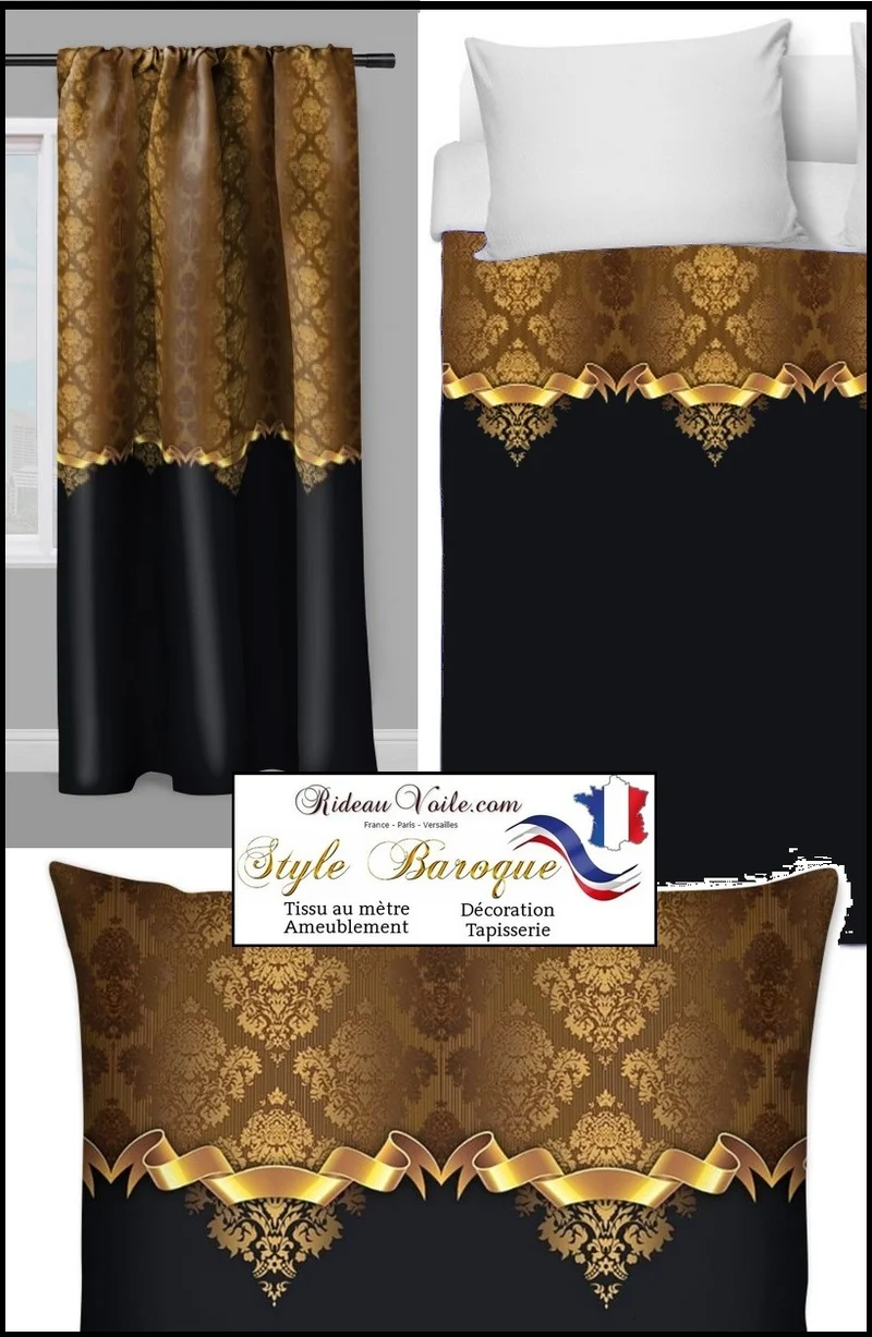 Tissu ameublement au mètre motif Baroque imprimé Or doré noir rideau couette