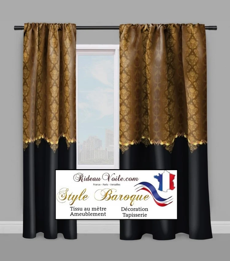 Tissu ameublement au mètre motif Baroque imprimé Or doré noir rideau couette