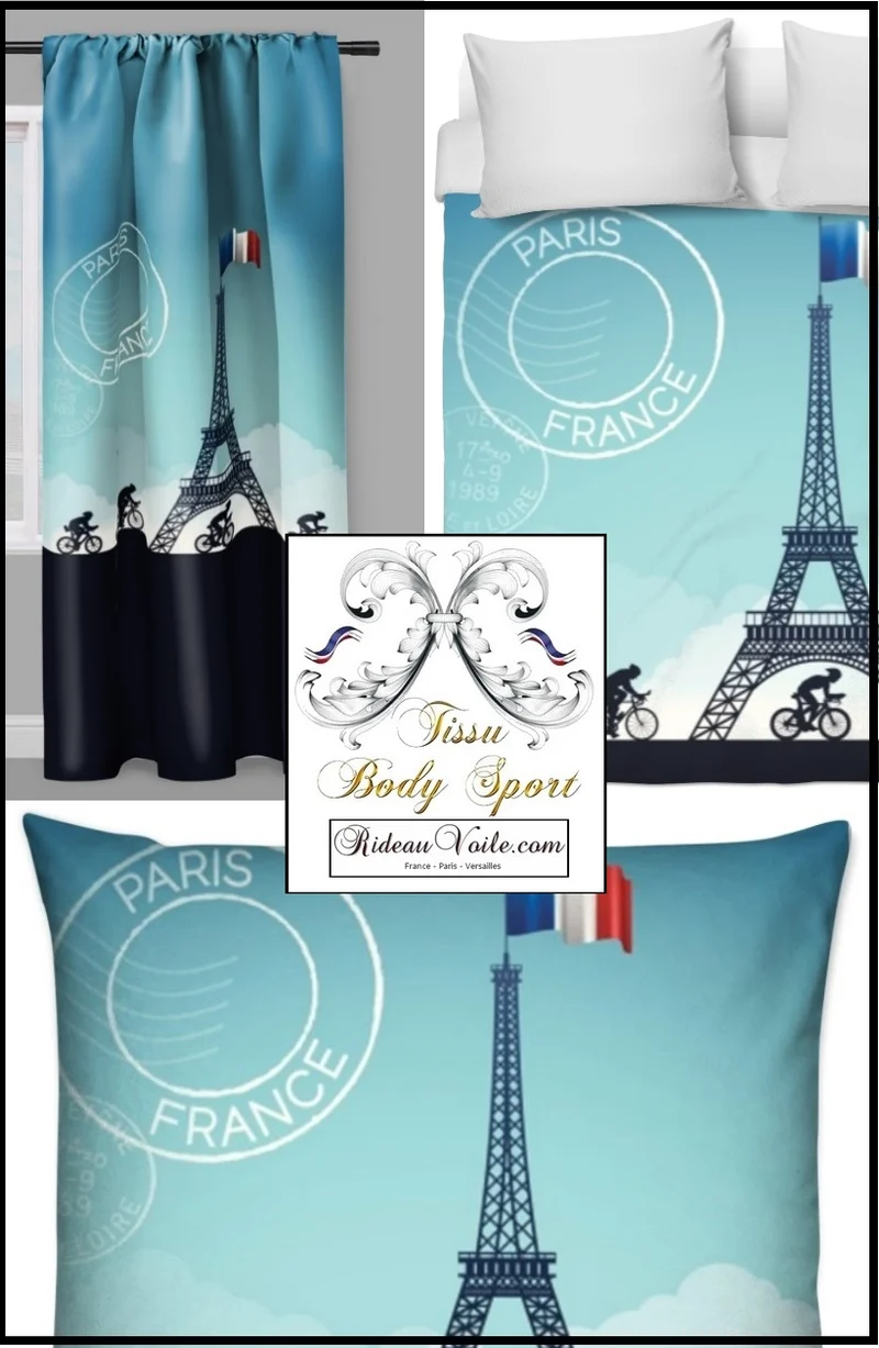 Tissu au mètre motif Tour de France cyclisme vélo rideau couette Paris design Eiffel