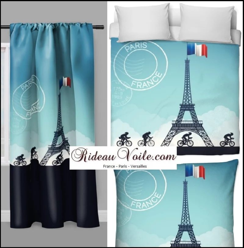 Tissu au mètre motif Tour de France cyclisme vélo rideau couette Paris design Eiffel