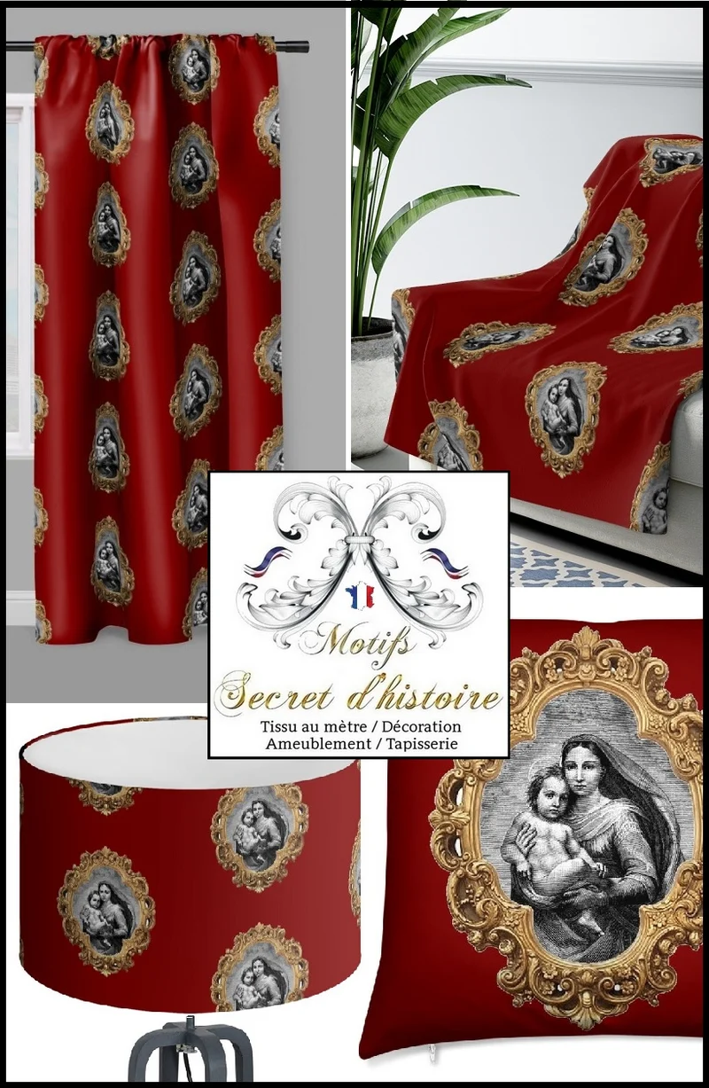 Tapisserie rouge or velours Baroque motif Vierge Marie tissu rideau ameublement au mètre