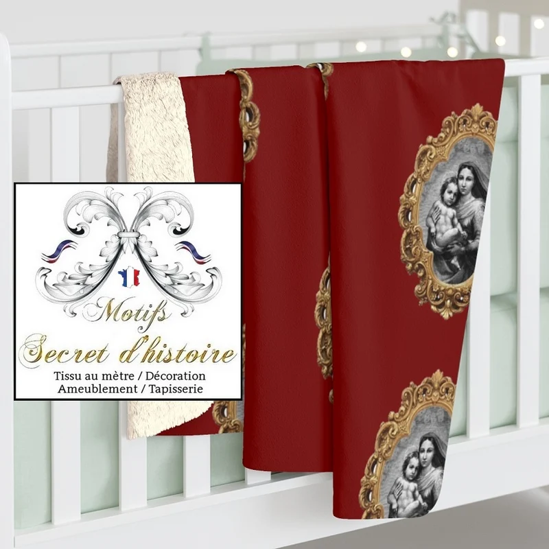Tapisserie rouge or velours Baroque motif Vierge Marie tissu rideau ameublement au mètre