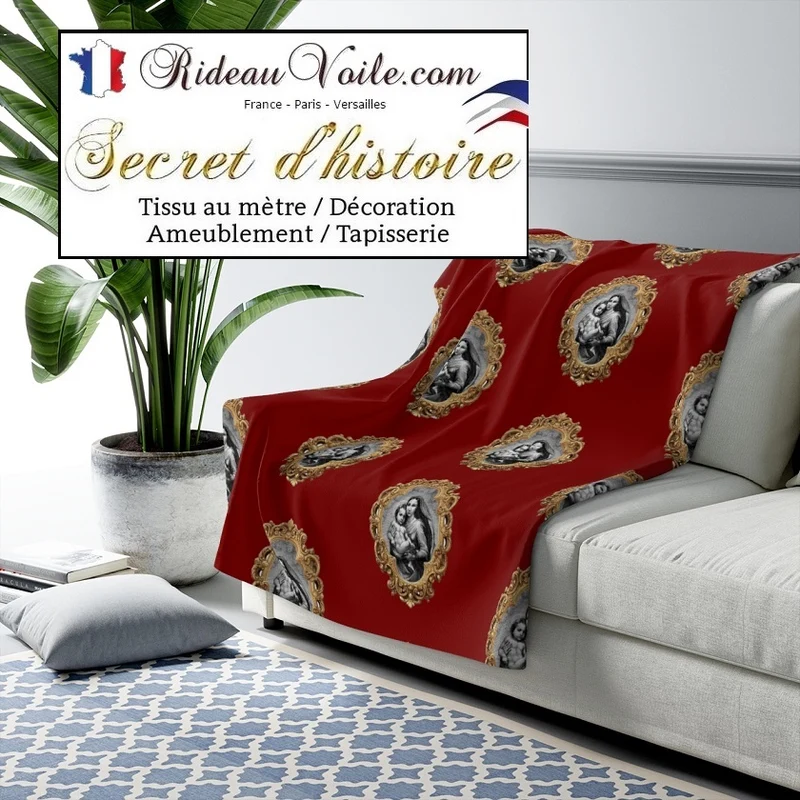 Tapisserie rouge or velours Baroque motif Vierge Marie tissu rideau ameublement au mètre