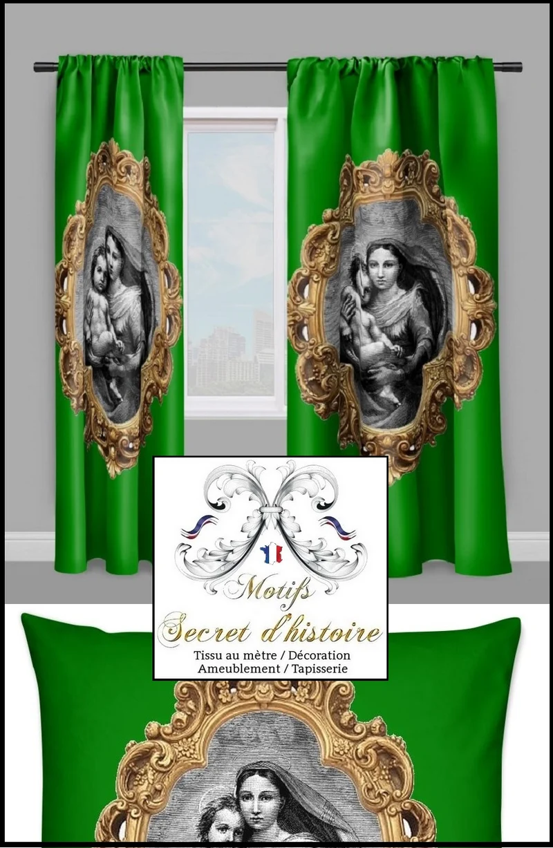 Tissu ornement vert or Baroque liturgique motif La Vierge Marie religieux au mètre